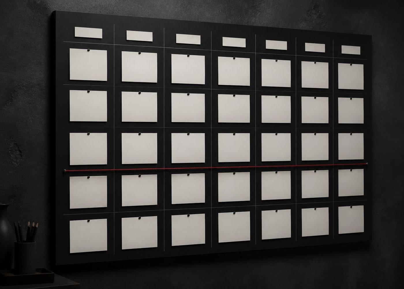 A wall-mounted content calendar board with blank cards arranged in a monthly grid