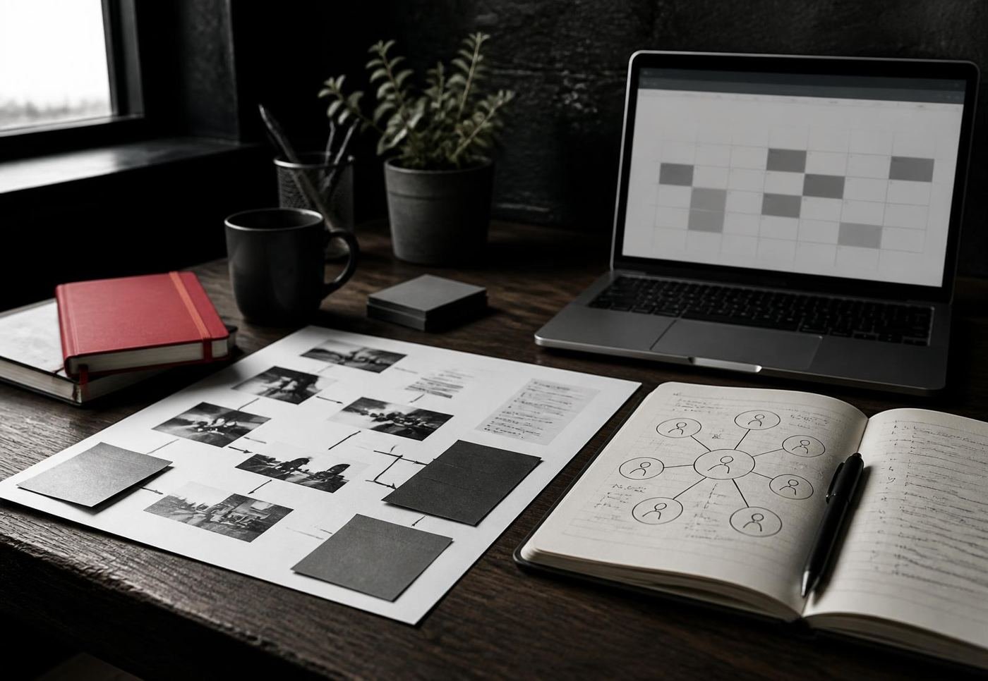 A marketing planning desk with a printed campaign plan, audience notes and a content calendar on a laptop