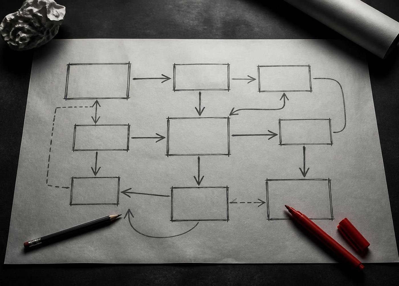 A marketing roadmap sketched on paper with connected boxes and arrows